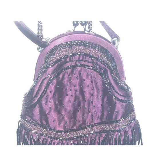 Vintage Kate Laundry Purple SCALLOPED SILK EVENING BAG Beaded Fringe Sequins - Picture 3 of 16
